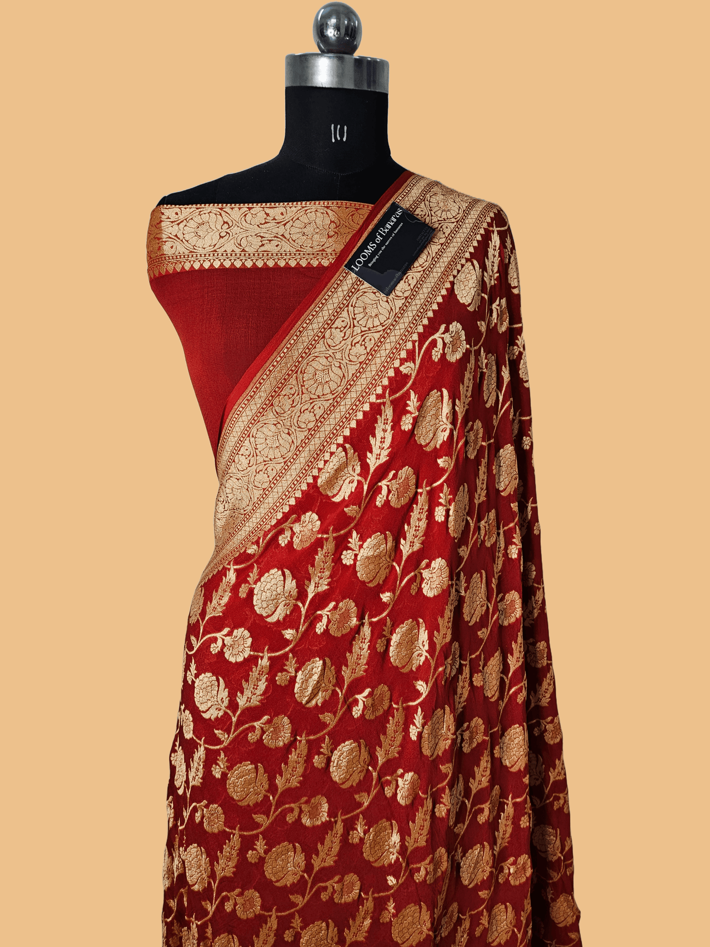 Pure Georgette Banarasi Saree weaving faux jaal nimzari in Bright Red