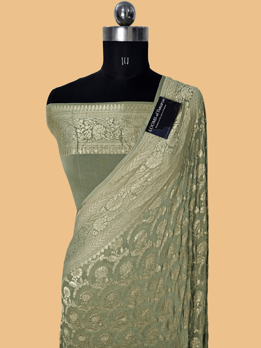 Pure Georgette Banarasi Saree weaving faux jaal watergold zari in dusty mehendi