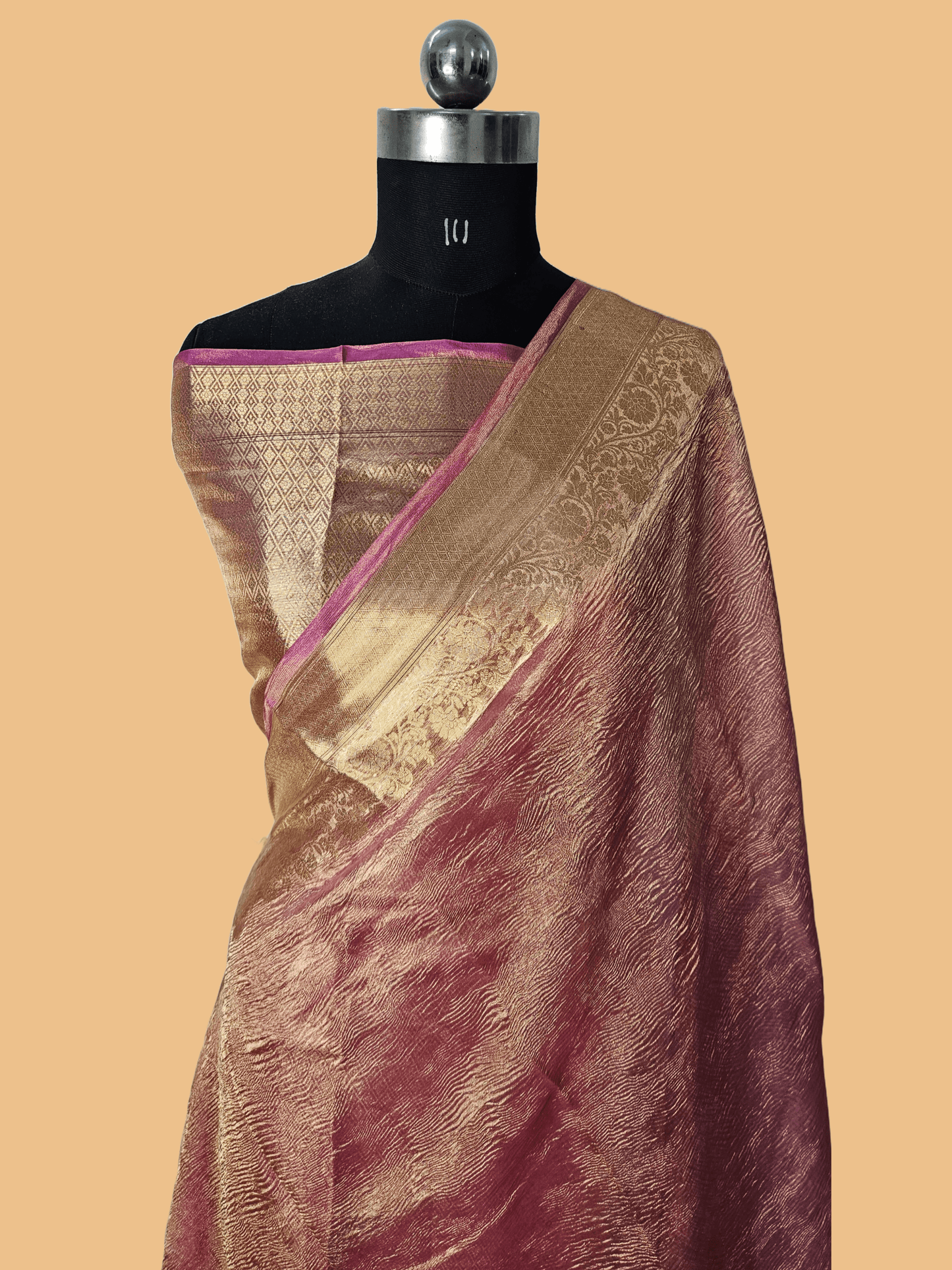 Pure Kora Tissue Crush aanchal border Banarasi Saree in Rose Pink