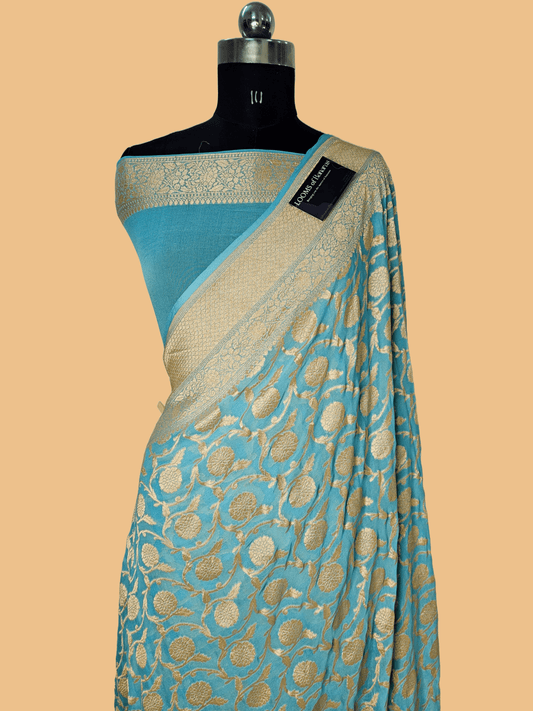 Pure Georgette Banarasi Saree weaving faux jaal nimzari in Peacock Blue