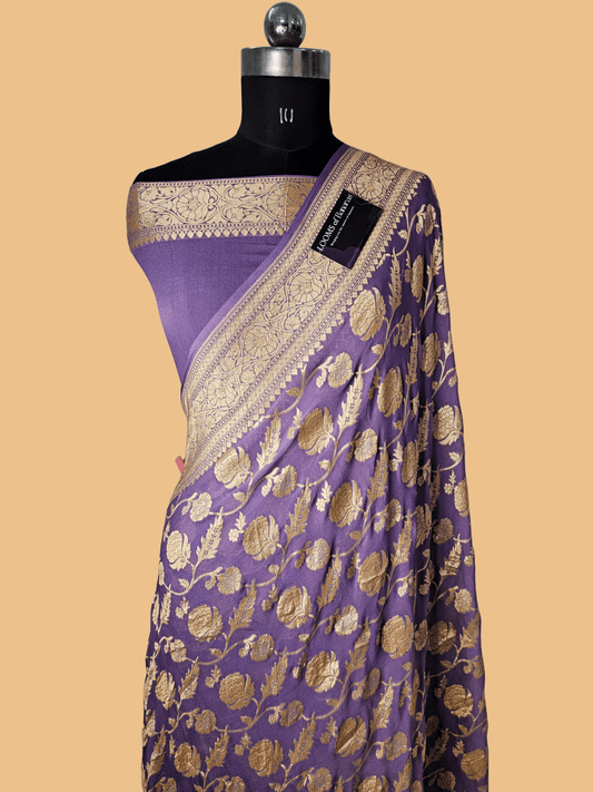 Powdered Purple Pure Georgette Banarasi Saree Jaal weaving faux Nimzari zari