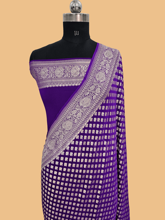 pure georgette silk buti woven tested zari banarasi saree in Purple