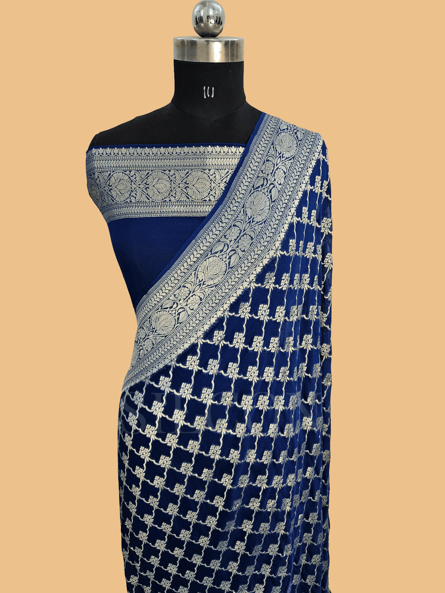 pure georgette silk banarasi woven tested zari saree in Blue