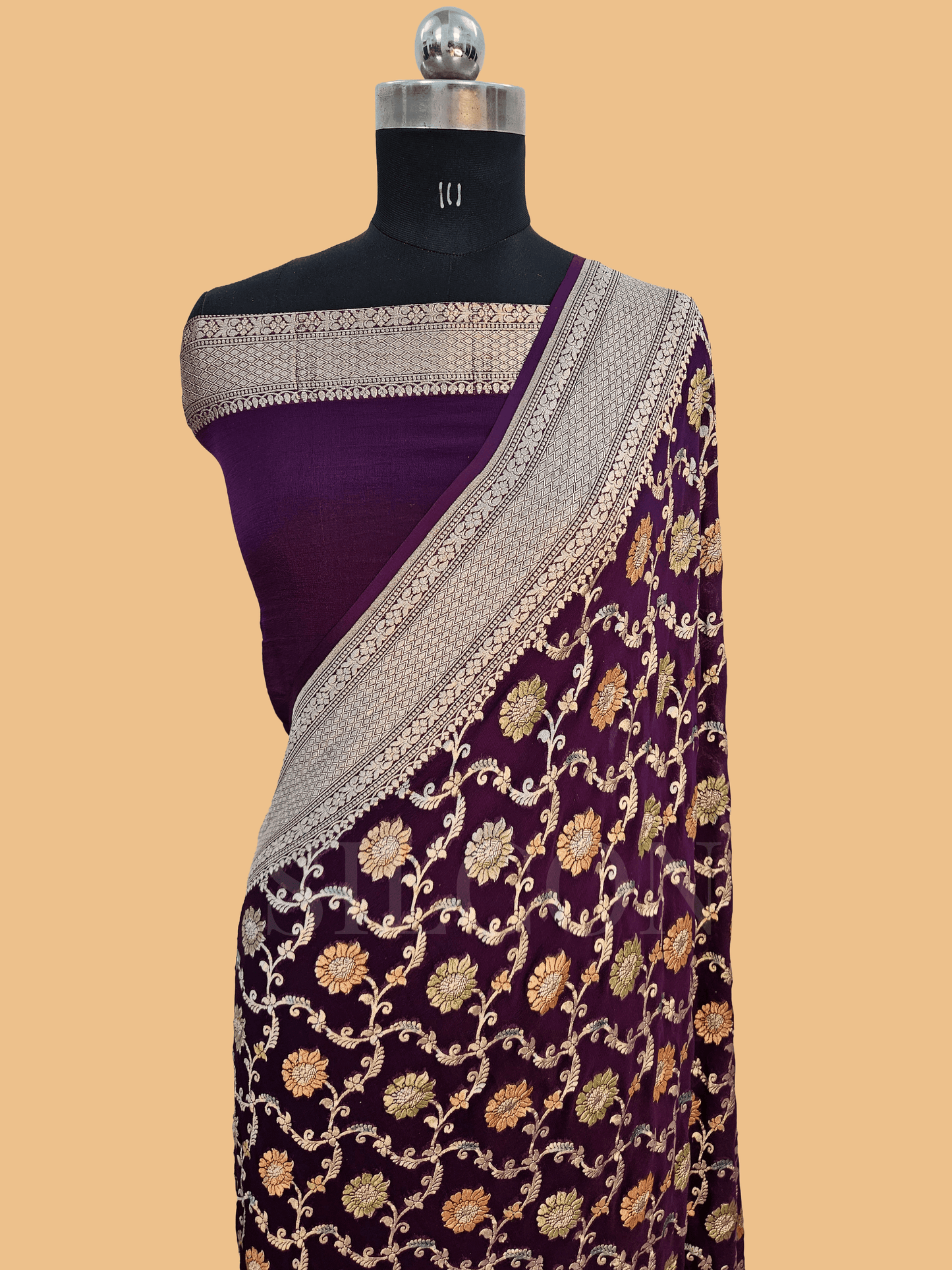 pure georgette silk banarasi handbrush work woven tested zari saree in Deep purple