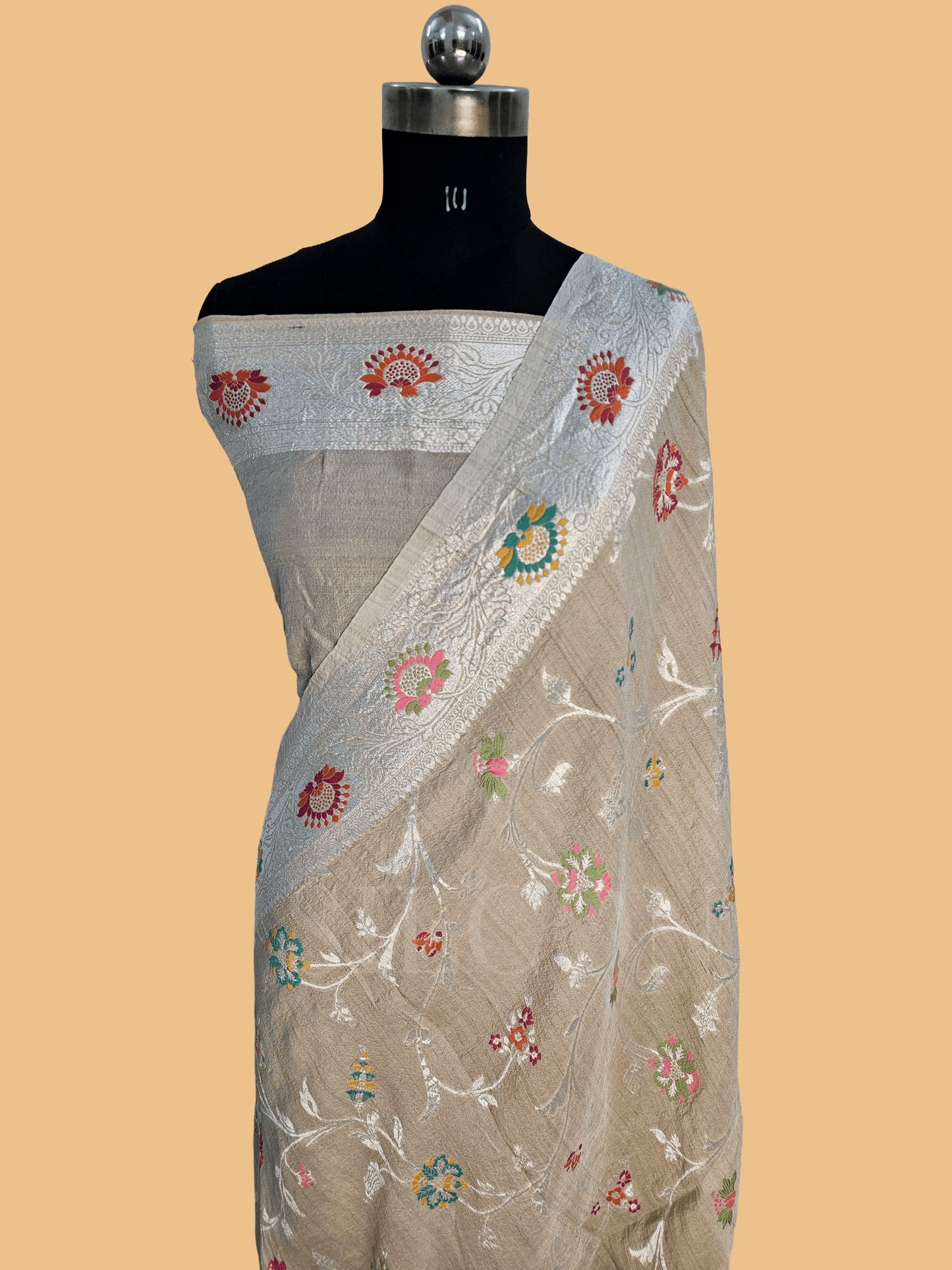 pure tussar silk banarasi meena woven saree in Natural cream 